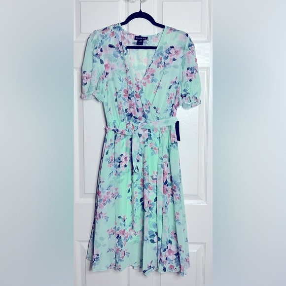 Green Puff Sleeve V-Neck Midi SunDress floral - Picture 1 of 12